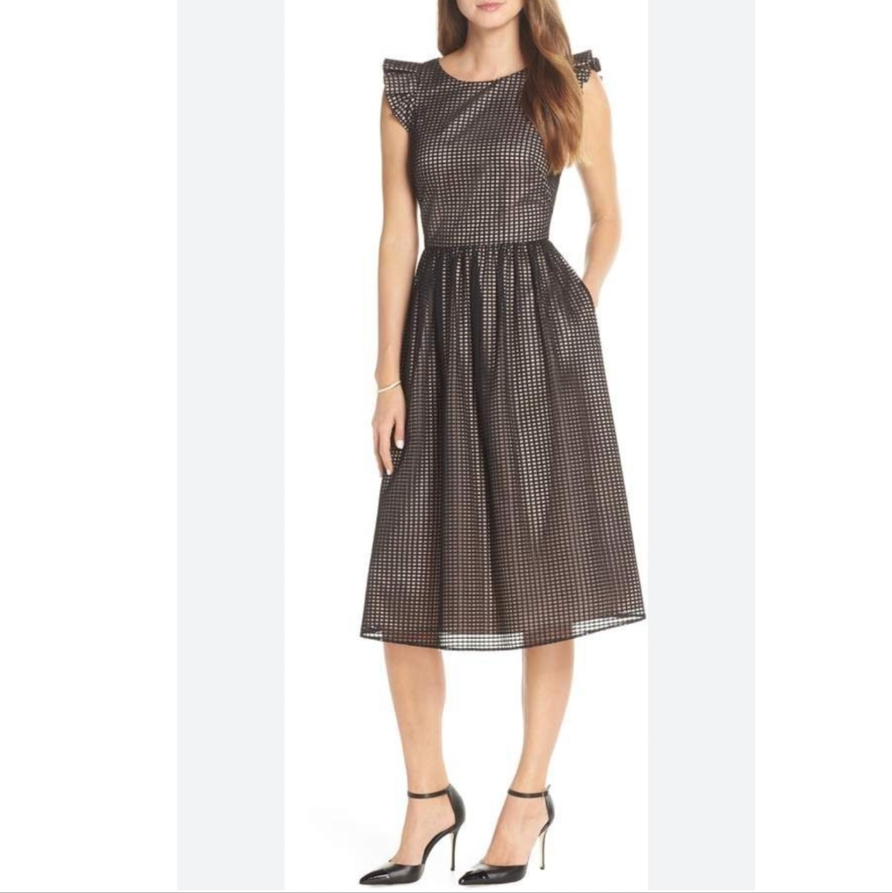 1901 Ruffle Grid Overlay Midi Dress